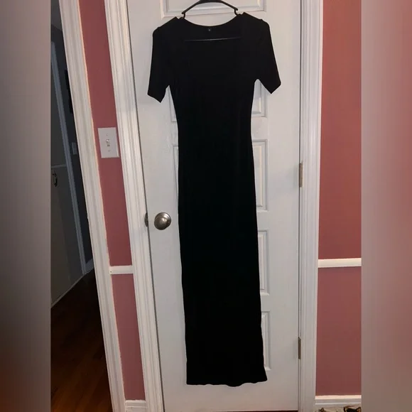 Black Square Neck Short Sleeve Bodycon Maxi Dress M - Picture 1 of 3